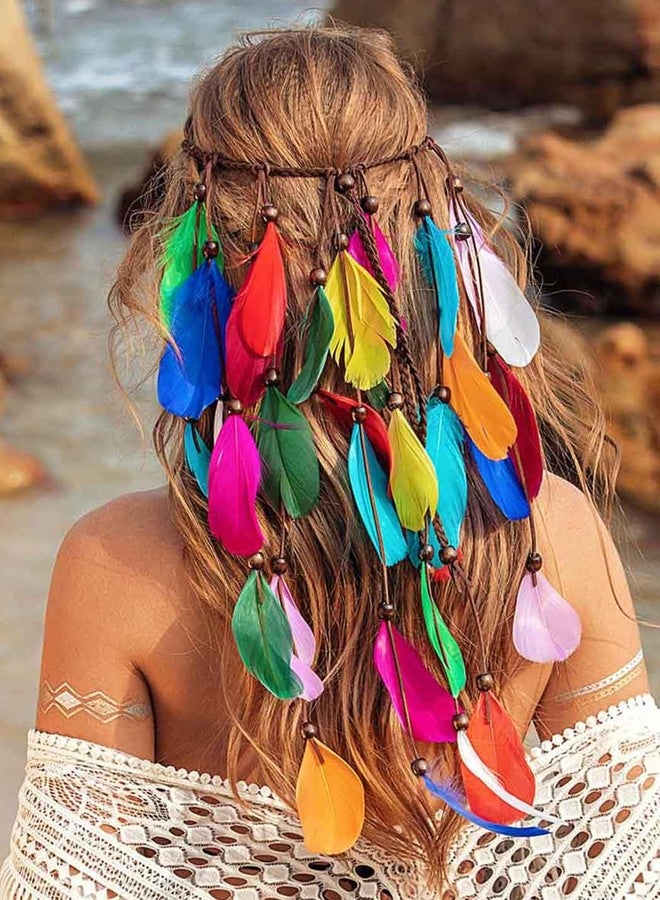GORTIN Boho Feather Headband Gypsy Headpiece Headdress Bohemian Hippie Headbands Indian Festival Hair Band Adjust Long Feather Hair Accessories for Women (Colorful) - Image 1
